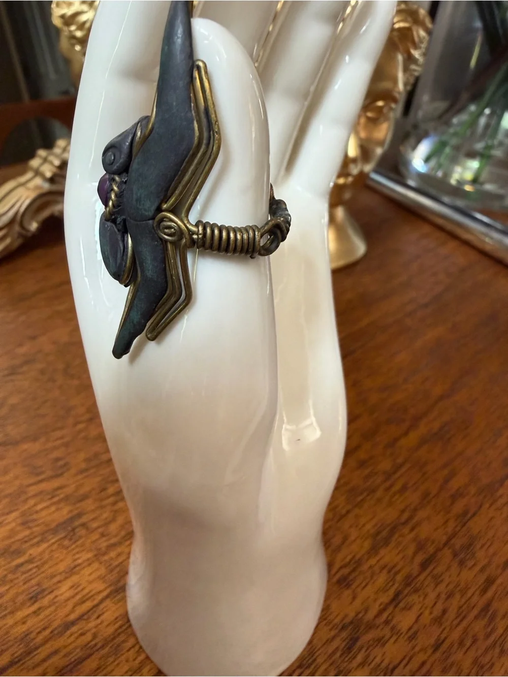 Black and Bronze With Stone Spider Ring